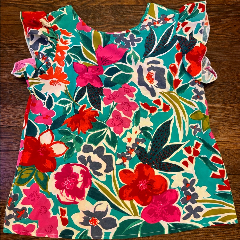 SHEIN Pink Green Flutter Sleeve Ruffled Blouse